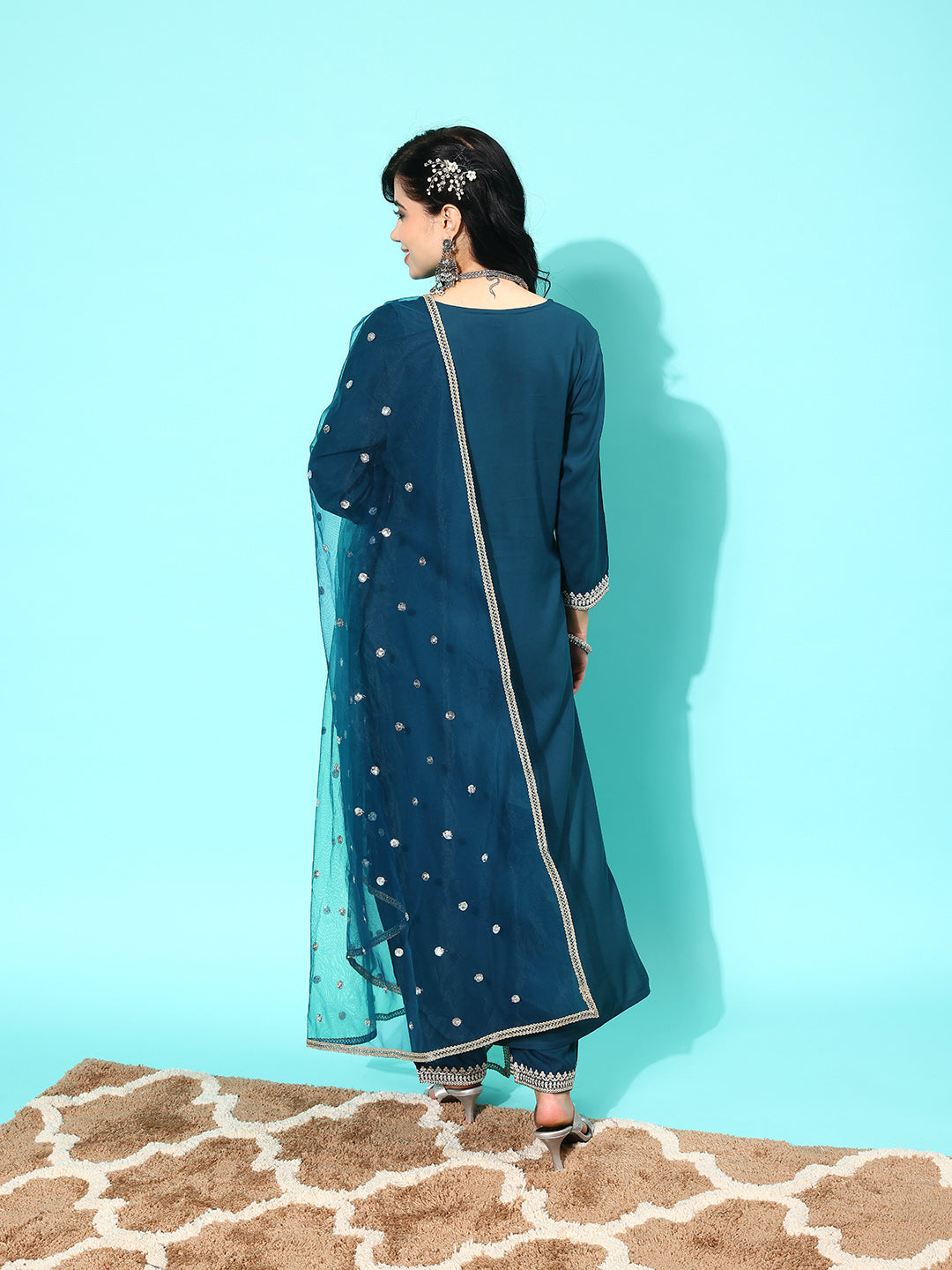 Teal Blue Embroidered Straight Kurta With Palazzo And Net Dupatta