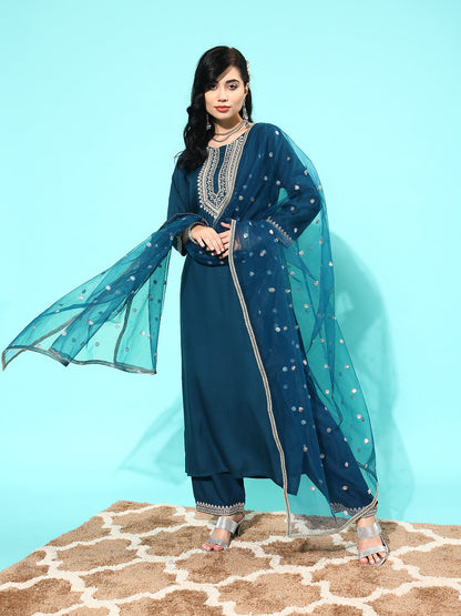 Teal Blue Embroidered Straight Kurta With Palazzo And Net Dupatta