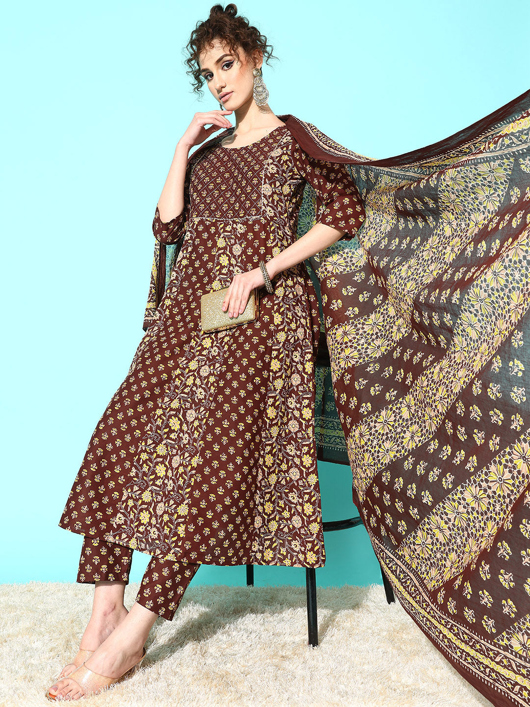 Brown Ethnic Printed Anarkali Kurta With Trouser And Dupatta