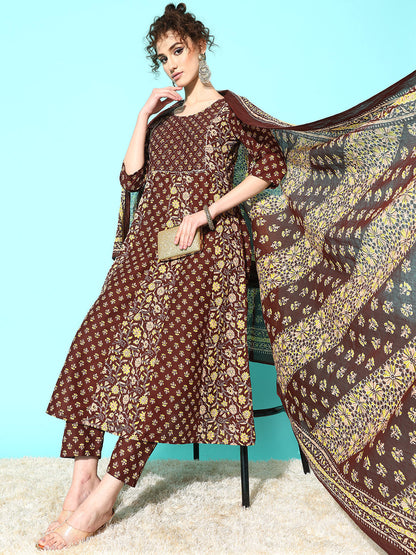 Brown Ethnic Printed Anarkali Kurta With Trouser And Dupatta