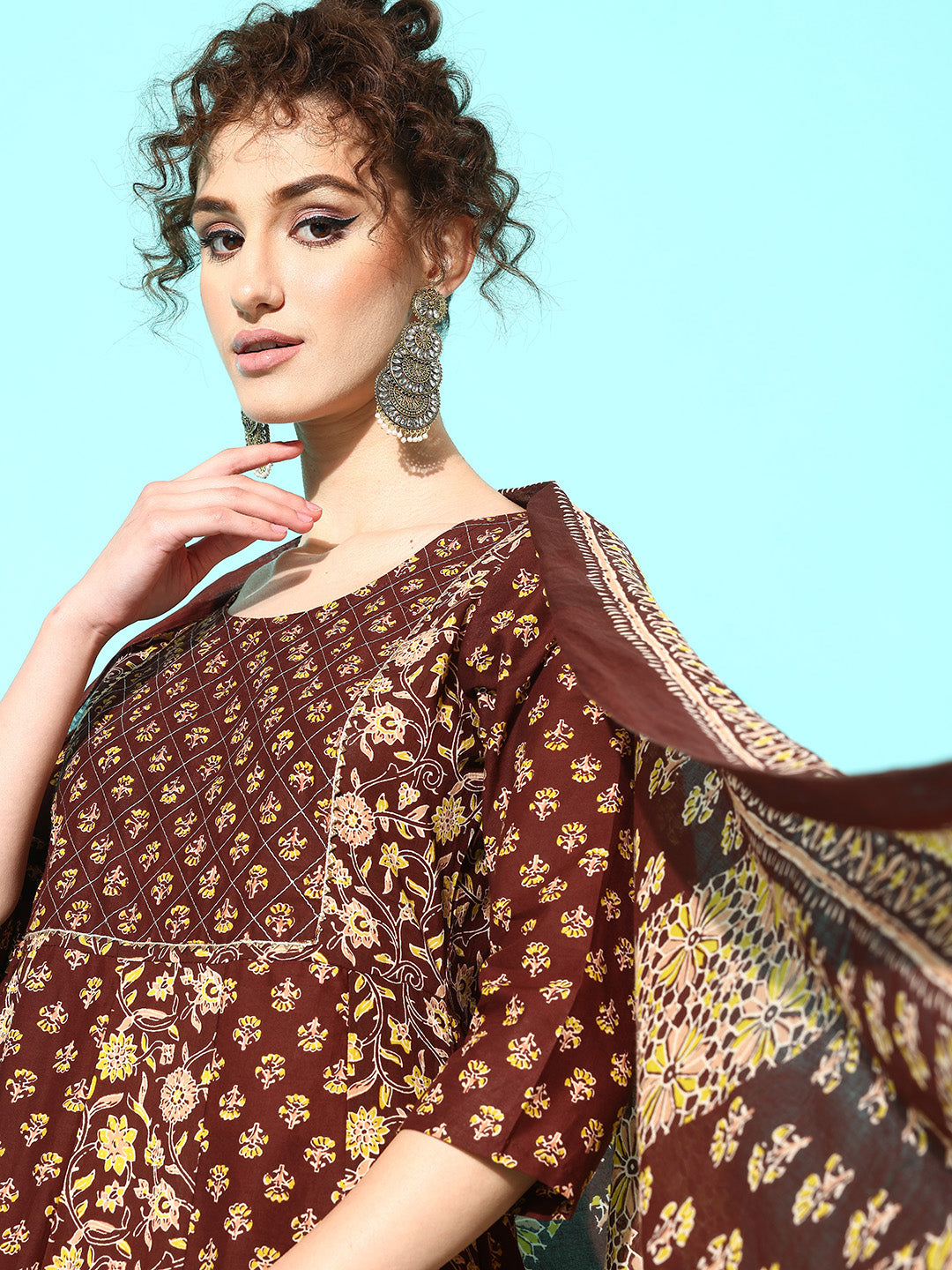 Brown Ethnic Printed Anarkali Kurta With Trouser And Dupatta