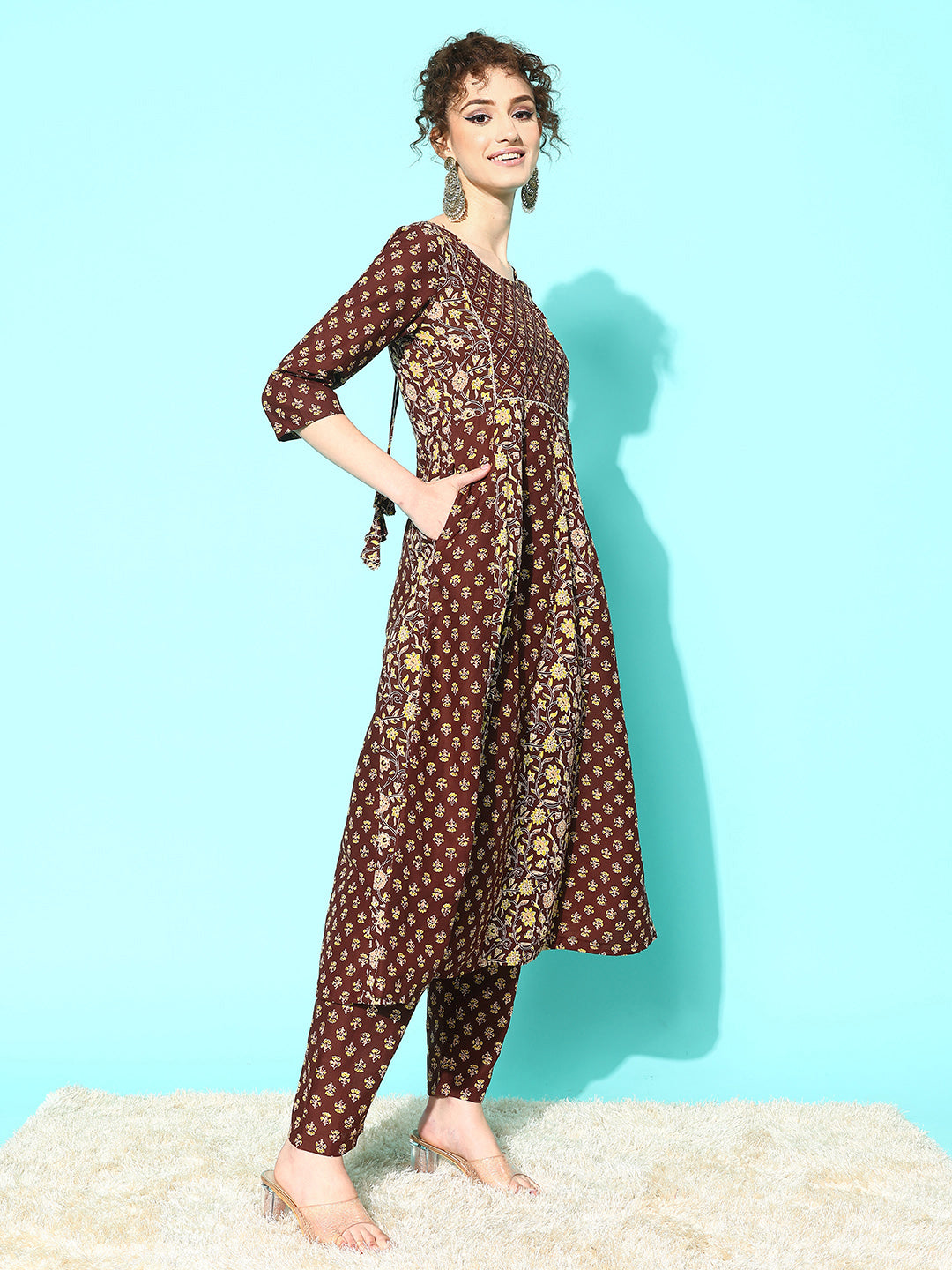 Brown Ethnic Printed Anarkali Kurta With Trouser And Dupatta