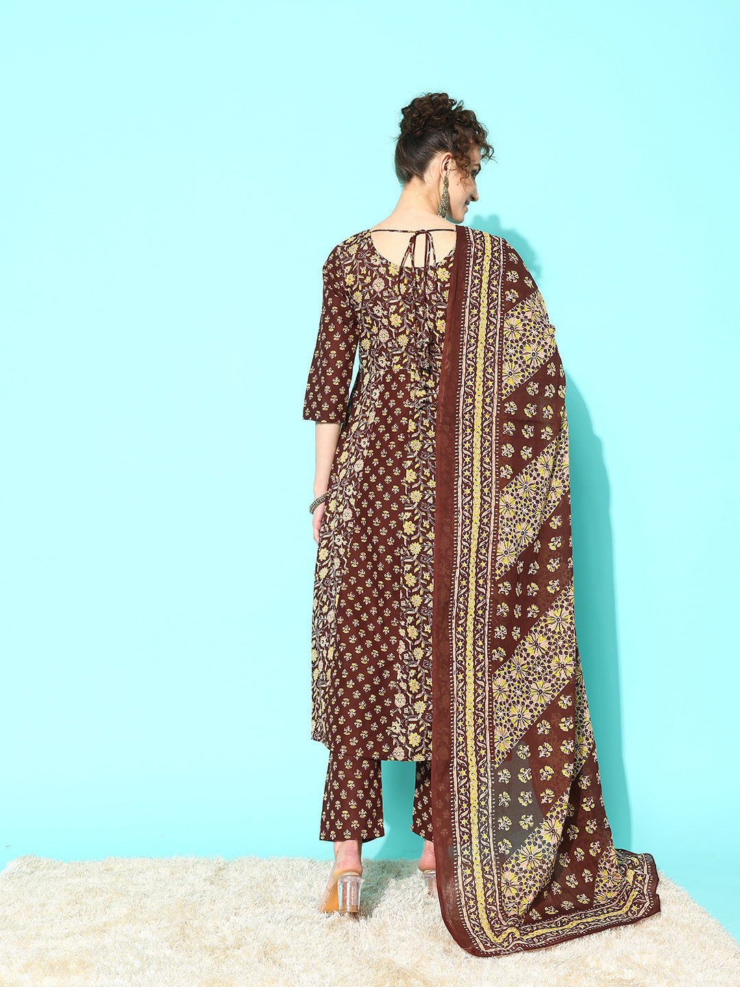 Brown Ethnic Printed Anarkali Kurta With Trouser And Dupatta