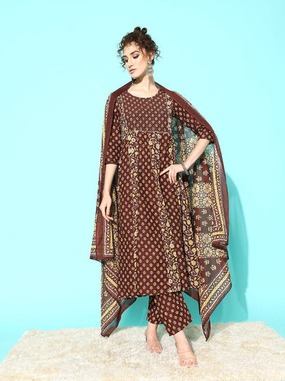 Brown Ethnic Printed Anarkali Kurta With Trouser And Dupatta