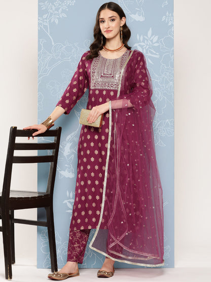 Burgundy Embroidered Straight Kurta With Palazzo And Net Dupatta