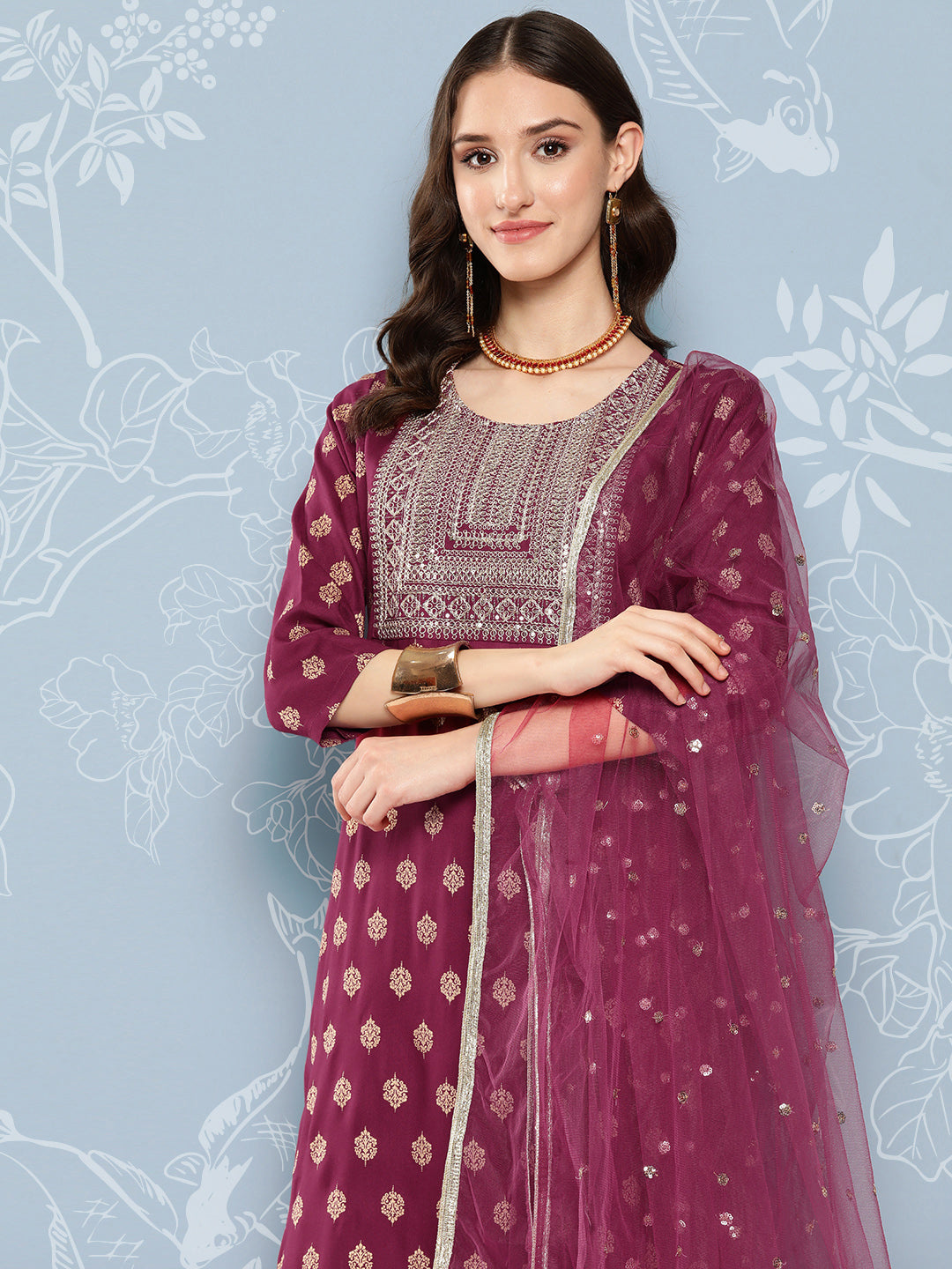 Burgundy Embroidered Straight Kurta With Palazzo And Net Dupatta