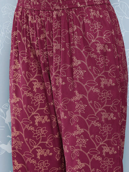 Burgundy Embroidered Straight Kurta With Palazzo And Net Dupatta