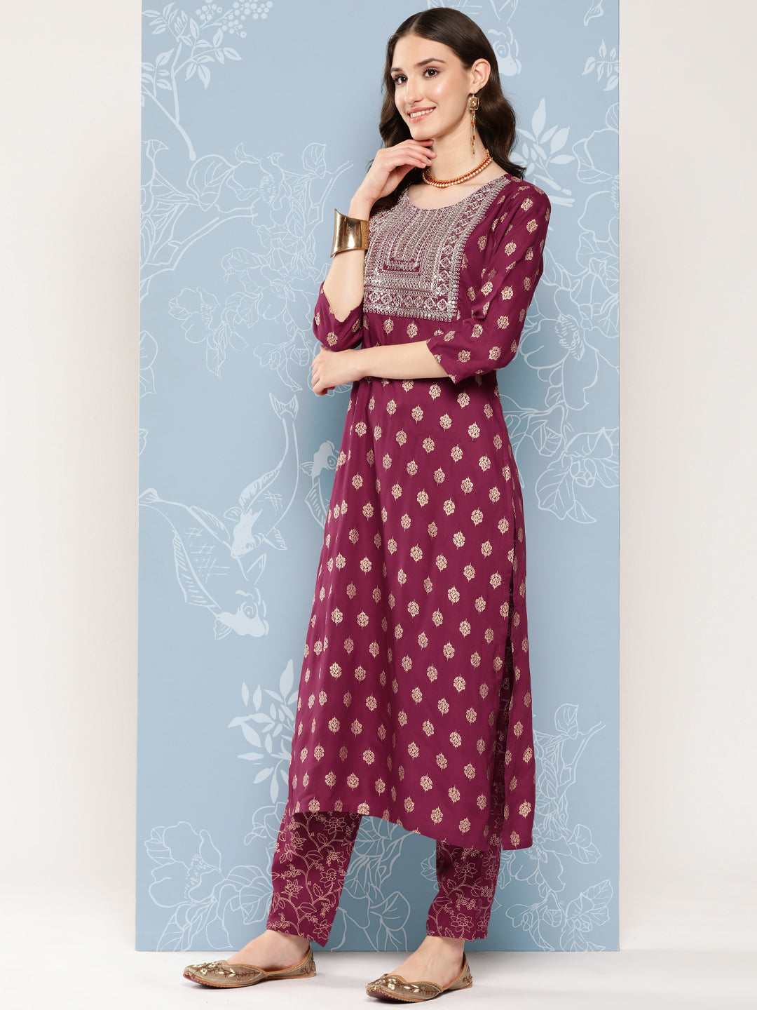 Burgundy Embroidered Straight Kurta With Palazzo And Net Dupatta