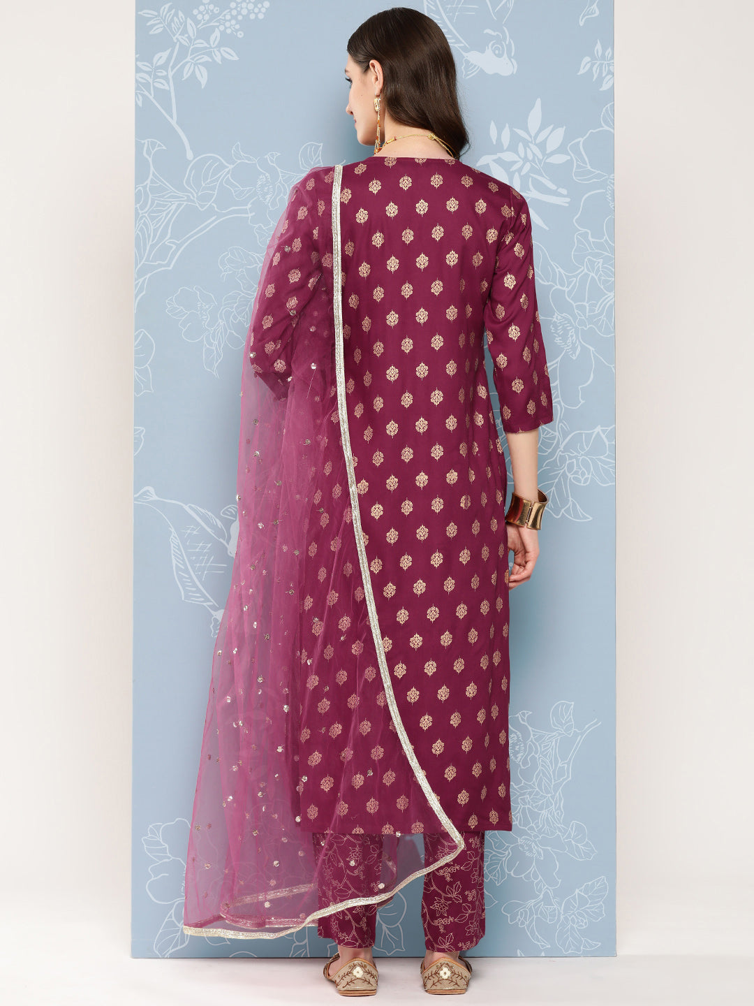 Burgundy Embroidered Straight Kurta With Palazzo And Net Dupatta