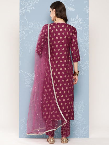 Burgundy Embroidered Straight Kurta With Palazzo And Net Dupatta