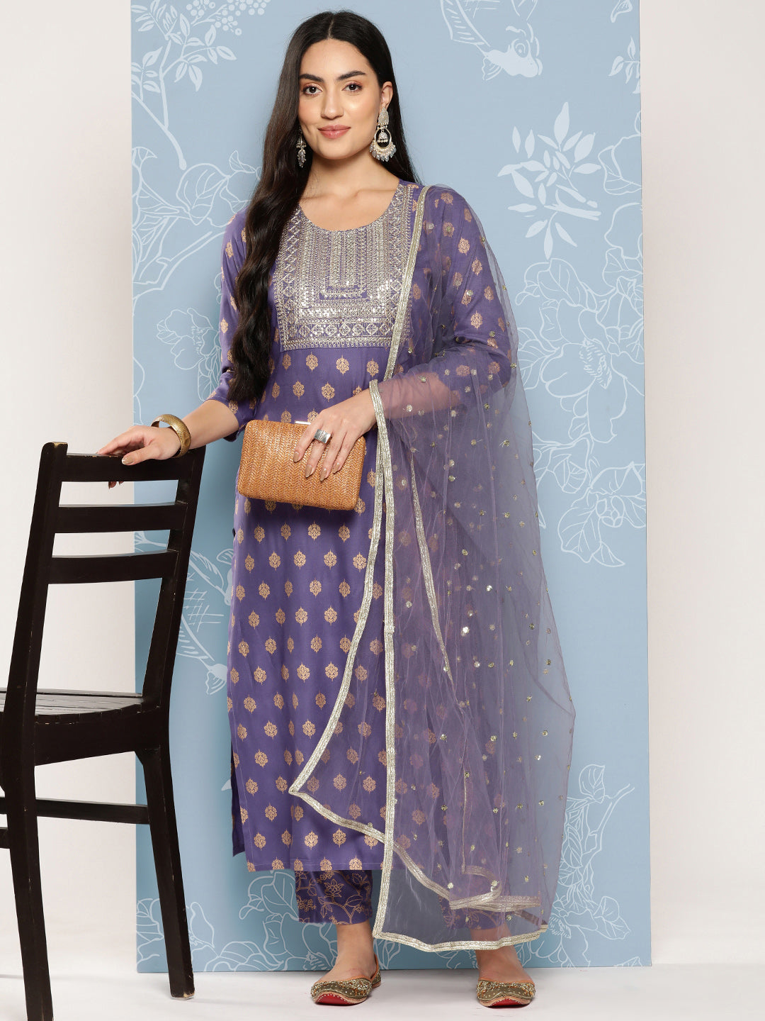 Purple Embroidered Straight Kurta With Palazzo And Net Dupatta