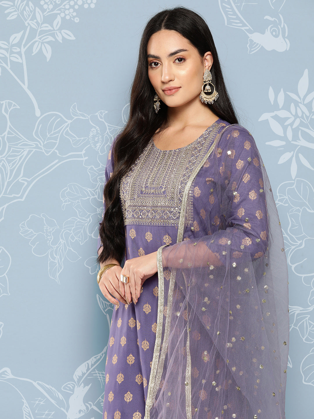 Purple Embroidered Straight Kurta With Palazzo And Net Dupatta