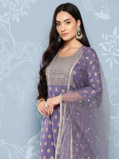 Purple Embroidered Straight Kurta With Palazzo And Net Dupatta