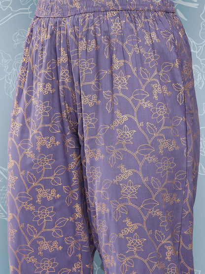 Purple Embroidered Straight Kurta With Palazzo And Net Dupatta
