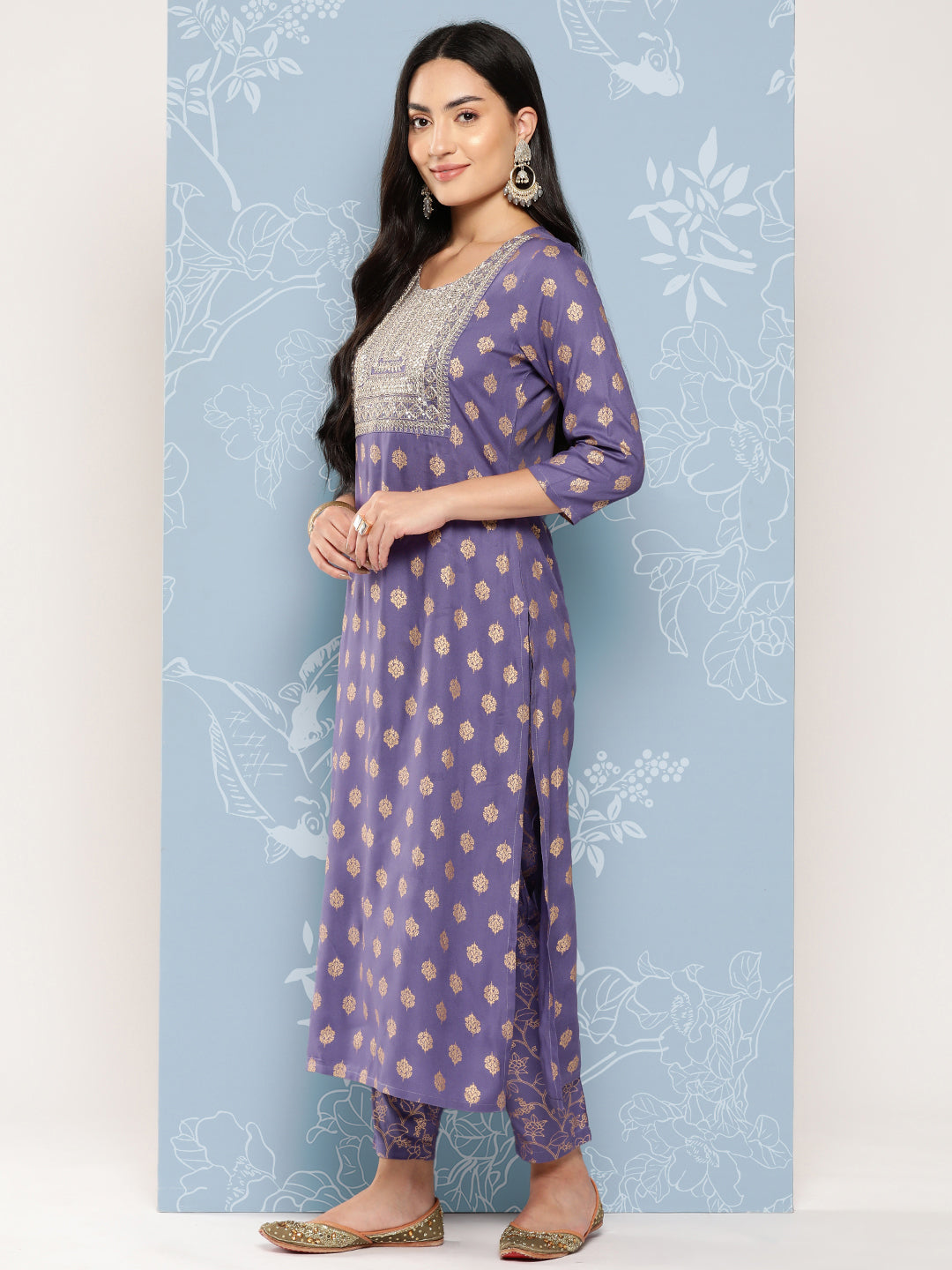 Purple Embroidered Straight Kurta With Palazzo And Net Dupatta