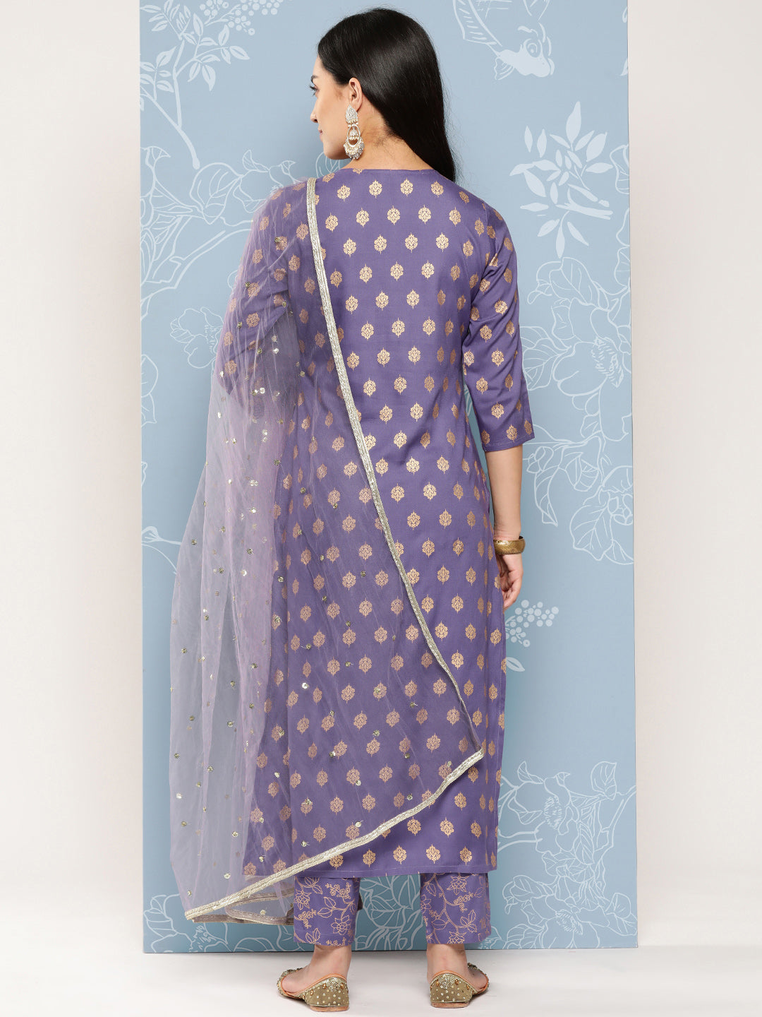 Purple Embroidered Straight Kurta With Palazzo And Net Dupatta