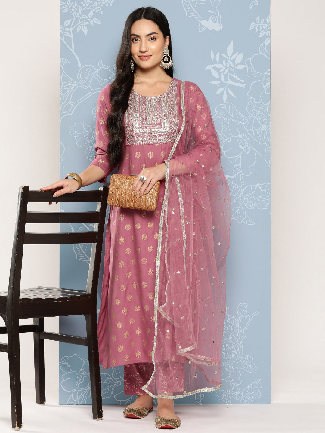 Mauve Embroidered Straight Kurta With Palazzo And Net Dupatta