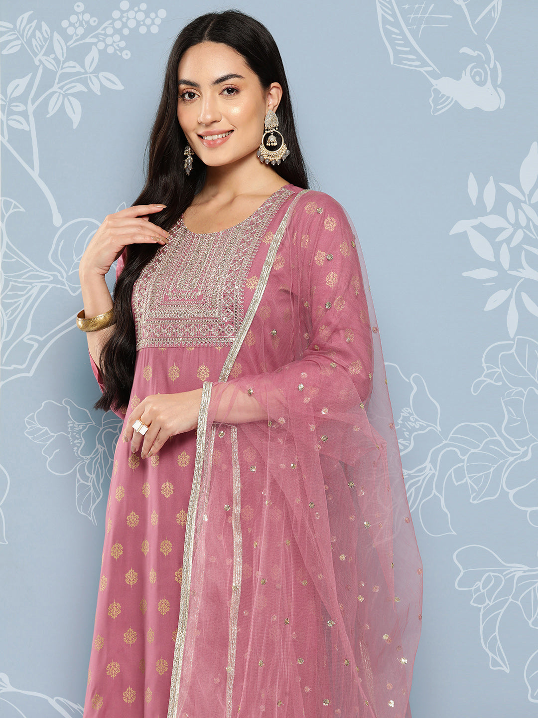Mauve Embroidered Straight Kurta With Palazzo And Net Dupatta