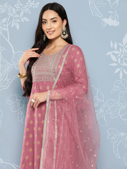 Mauve Embroidered Straight Kurta With Palazzo And Net Dupatta
