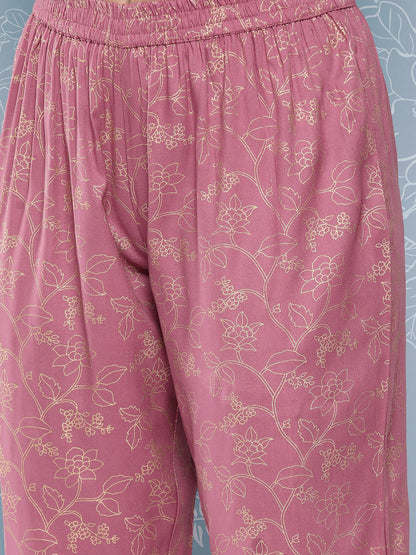 Mauve Embroidered Straight Kurta With Palazzo And Net Dupatta