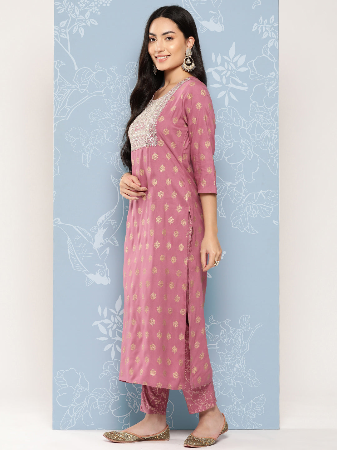Mauve Embroidered Straight Kurta With Palazzo And Net Dupatta