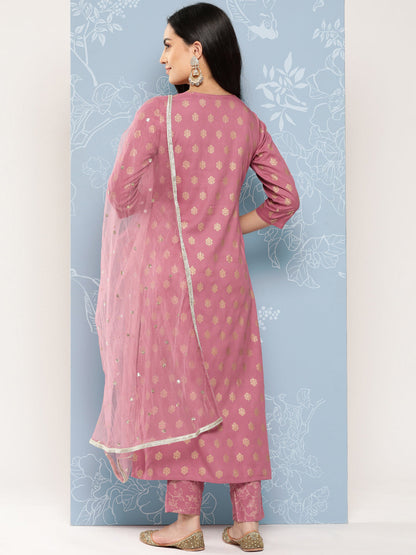 Mauve Embroidered Straight Kurta With Palazzo And Net Dupatta