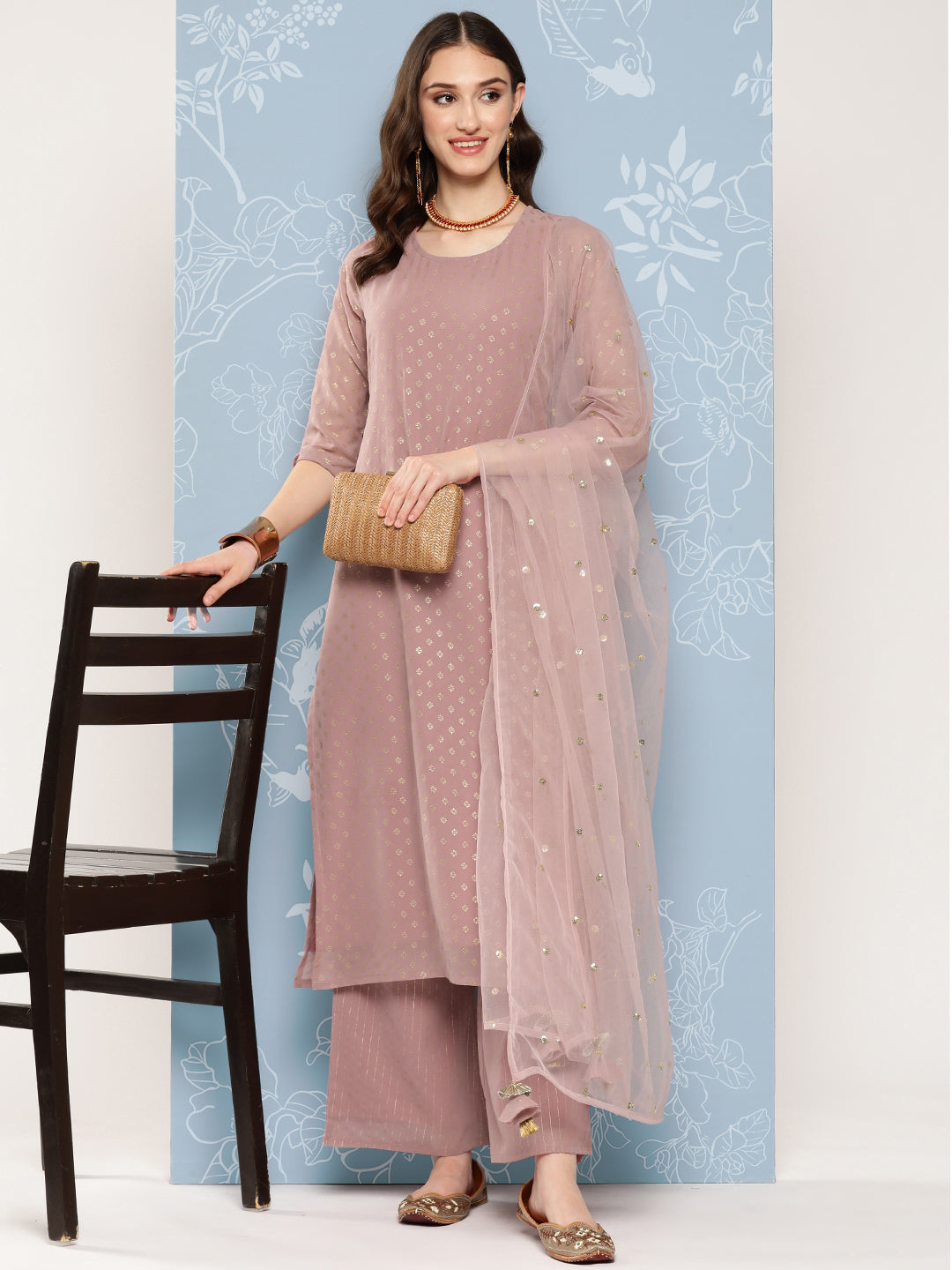 Mauve Foil Printed Straight Kurta With Palazzo And Net Dupatta
