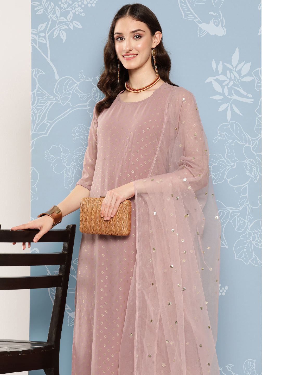 Mauve Foil Printed Straight Kurta With Palazzo And Net Dupatta
