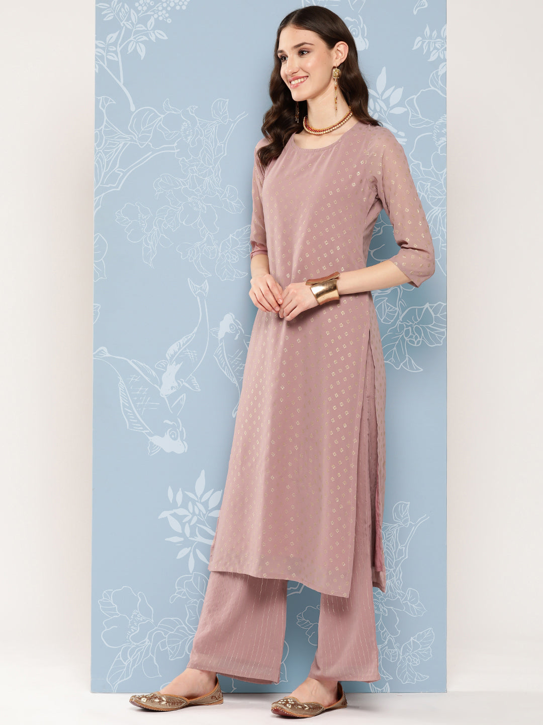 Mauve Foil Printed Straight Kurta With Palazzo And Net Dupatta