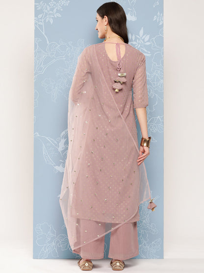 Mauve Foil Printed Straight Kurta With Palazzo And Net Dupatta