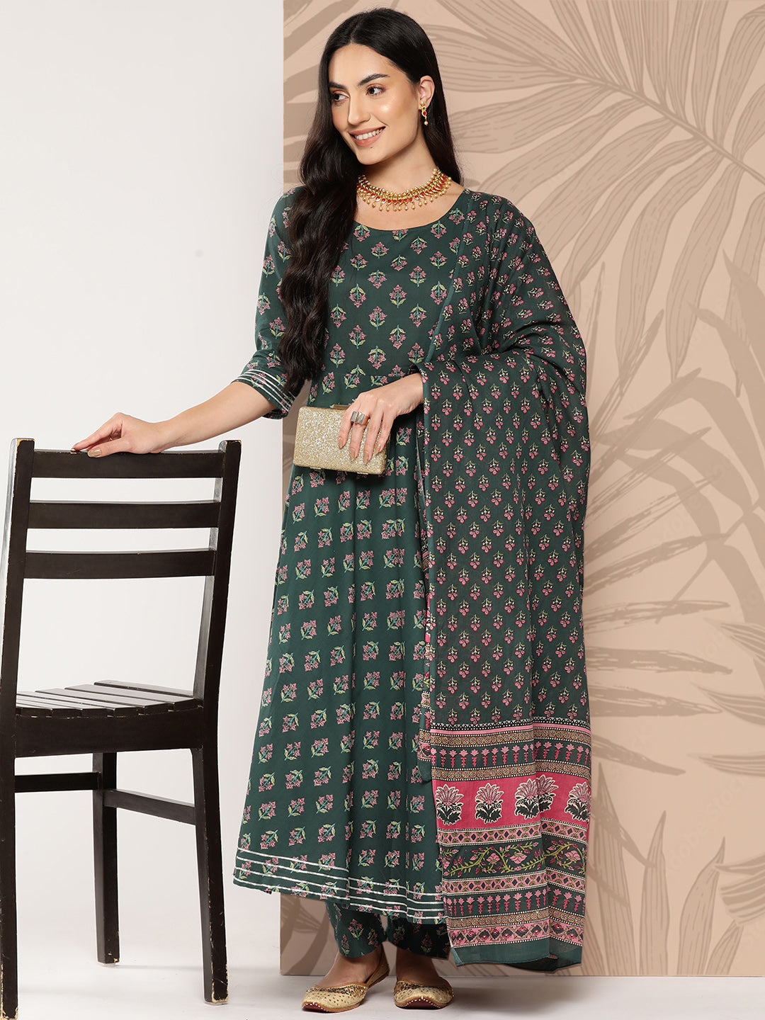 Green Ethnic Printed Anarkali Kurta With Trouser And Dupatta