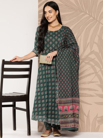 Green Ethnic Printed Anarkali Kurta With Trouser And Dupatta