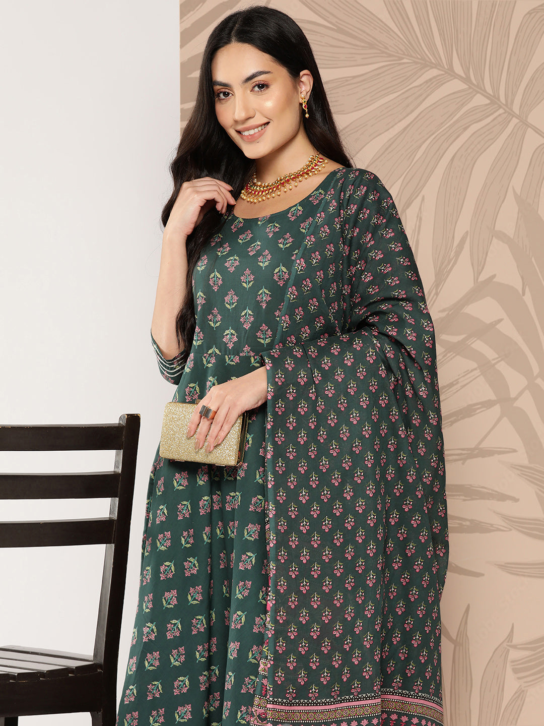 Green Ethnic Printed Anarkali Kurta With Trouser And Dupatta