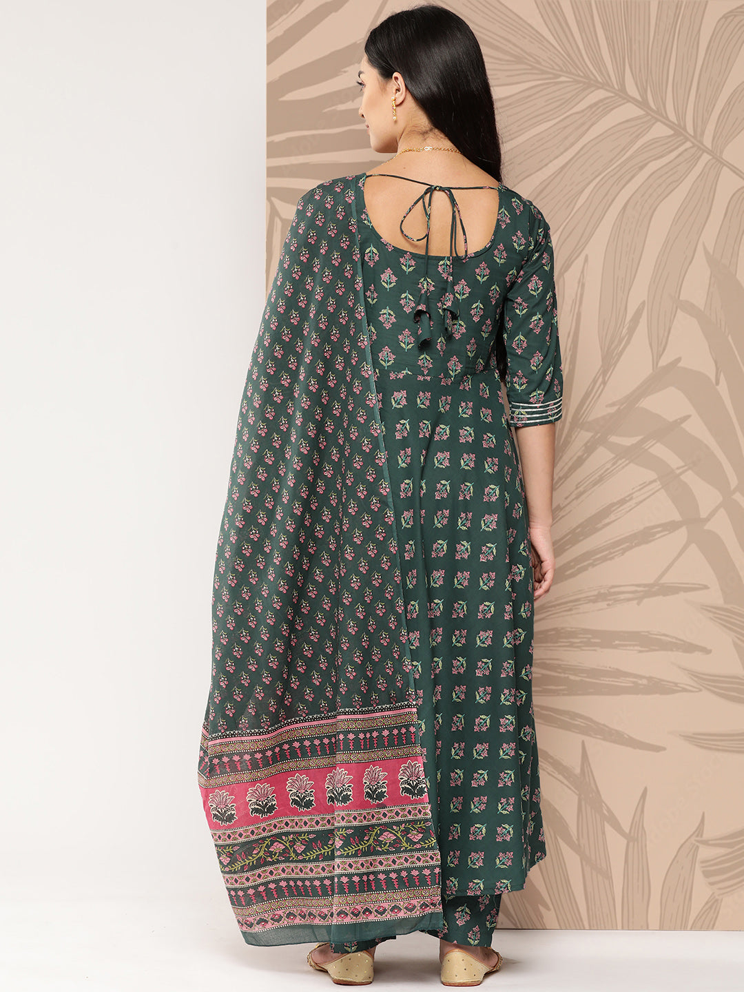 Green Ethnic Printed Anarkali Kurta With Trouser And Dupatta