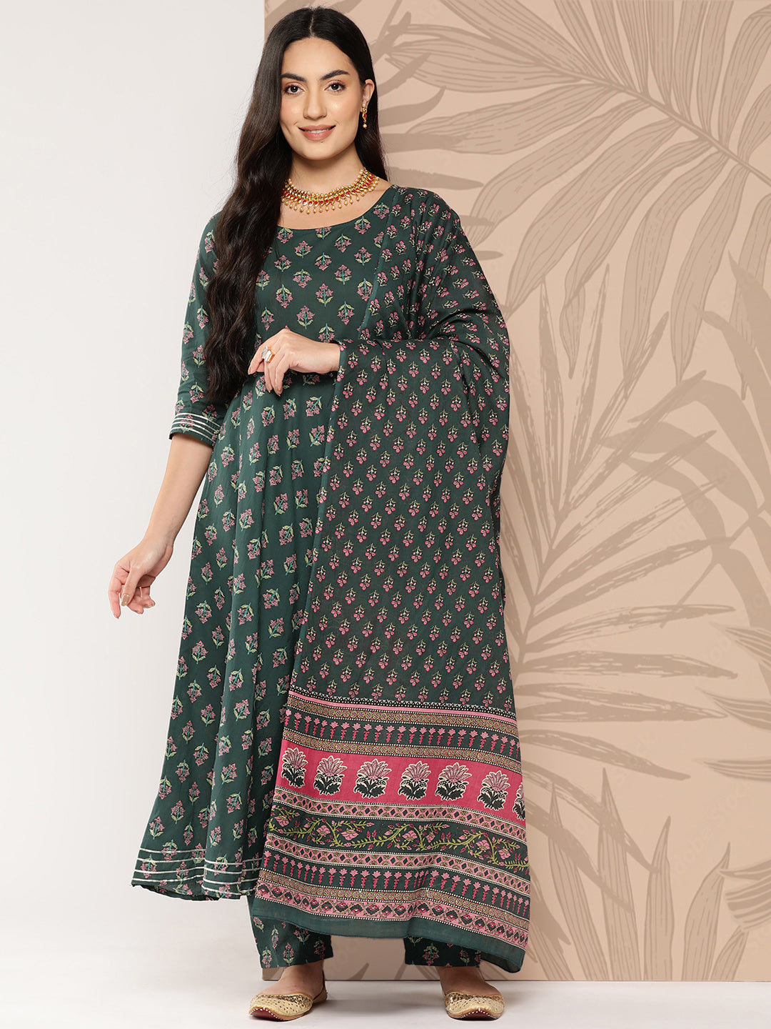 Green Ethnic Printed Anarkali Kurta With Trouser And Dupatta