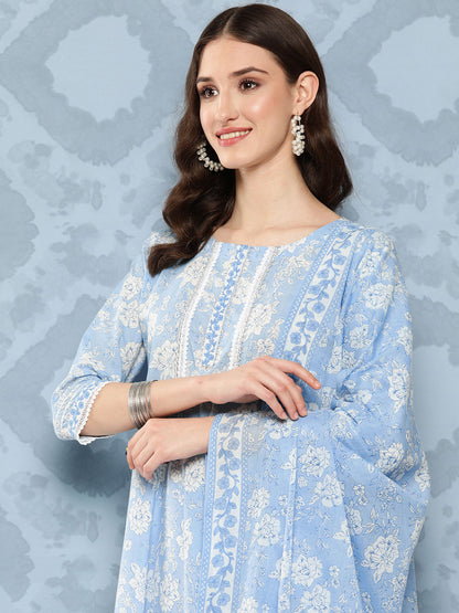 Blue Printed Flared Kurta And Trouser With Dupatta