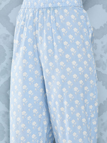 Blue Printed Flared Kurta And Trouser With Dupatta