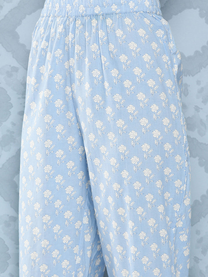 Blue Printed Flared Kurta And Trouser With Dupatta