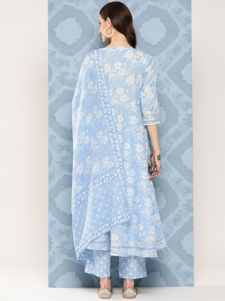Blue Printed Flared Kurta And Trouser With Dupatta