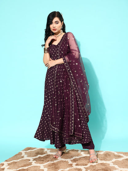 Burgundy Ethnic Printed Sleeveless Kurta With Trouser And Dupatta