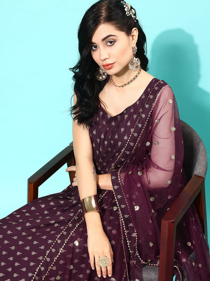 Burgundy Ethnic Printed Sleeveless Kurta With Trouser And Dupatta