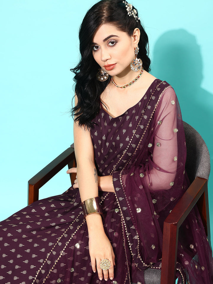 Burgundy Ethnic Printed Sleeveless Kurta With Trouser And Dupatta