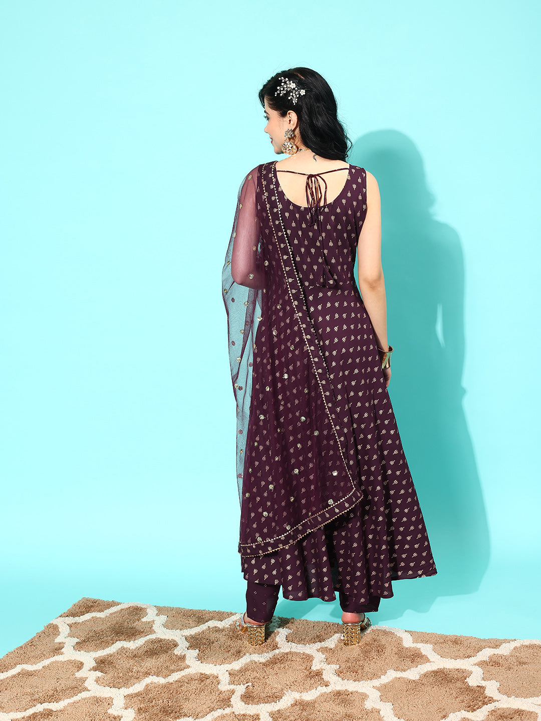 Burgundy Ethnic Printed Sleeveless Kurta With Trouser And Dupatta