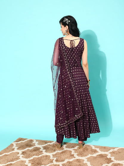 Burgundy Ethnic Printed Sleeveless Kurta With Trouser And Dupatta