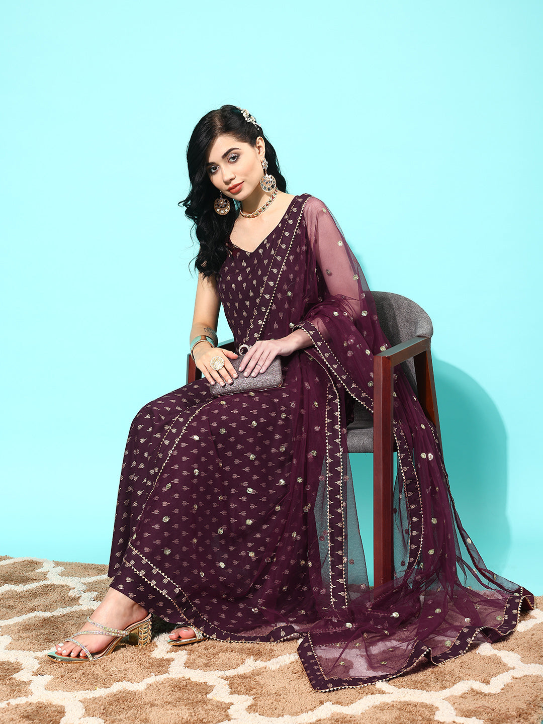 Burgundy Ethnic Printed Sleeveless Kurta With Trouser And Dupatta