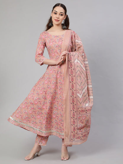 Mauve Floral Printed Anarkali Kurta With Trouser And Dupatta
