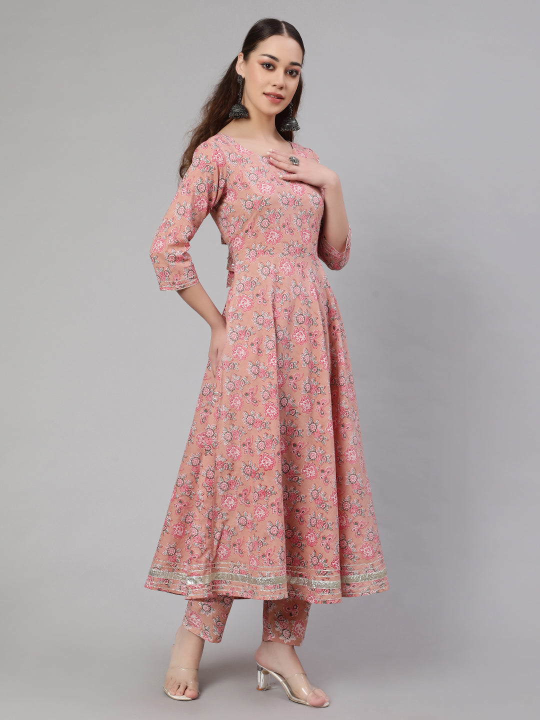 Mauve Floral Printed Anarkali Kurta With Trouser And Dupatta