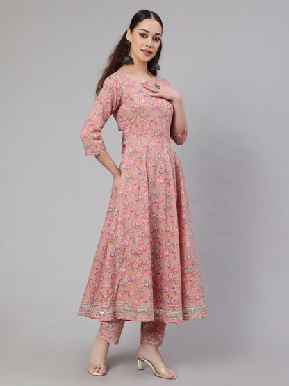 Mauve Floral Printed Anarkali Kurta With Trouser And Dupatta