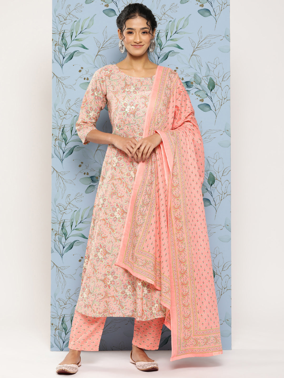 Pink Ethnic Printed Kurta With Palazzo And Dupatta