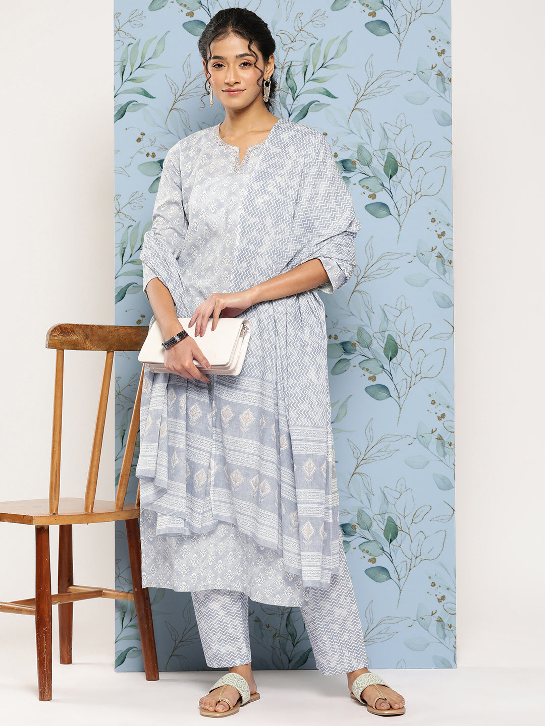 Grey Ethnic Embroidered Kurta With Palazzo And Dupatta